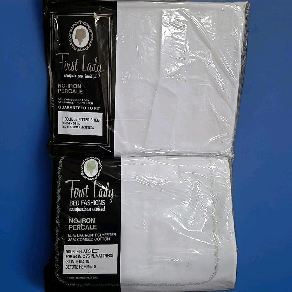 First Lady Flat & Fitted Sheet Set Double Size White No-Iron Percale Vintage New